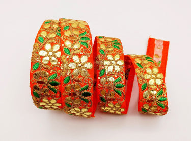 Orange Fabric Trim In Green & Gold Floral Embroidery, Gota Patti Trim, Indian Flower Border